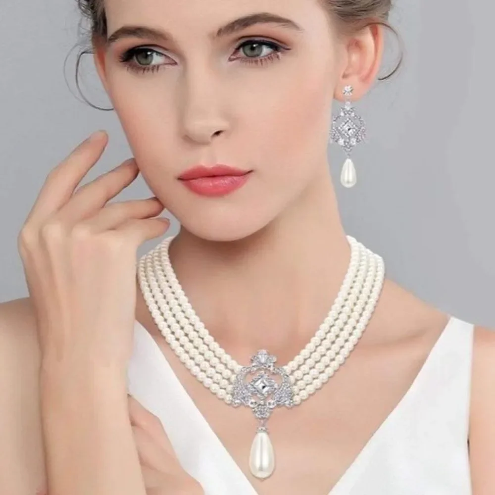 Silver Crystal & Faux Pearl Vintage Inspired Chandelier Necklace & Earrings Set